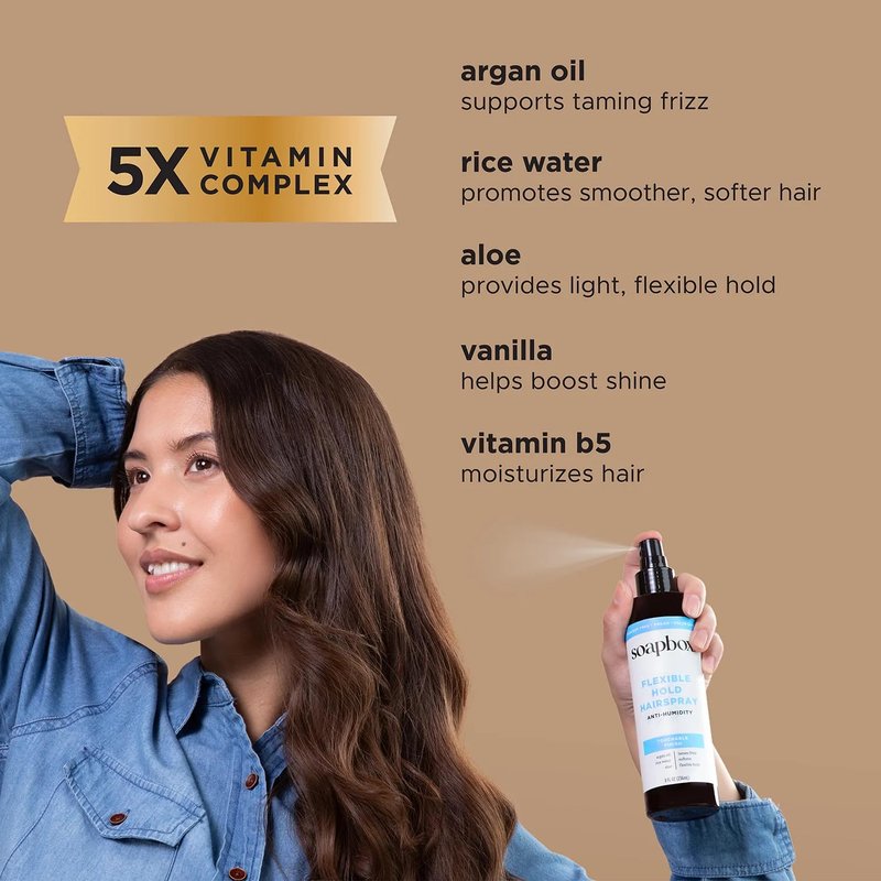 Soapbox Non Aerosol Hairspray, Anti Humidity & Flexible Hold Hairspray Adds Shine & Controls Frizz - Scented Anti Frizz Hair Spray with B5 & Aloe Vera - Touchable, Light, Soft Hold, Non-Aerosol - 8oz