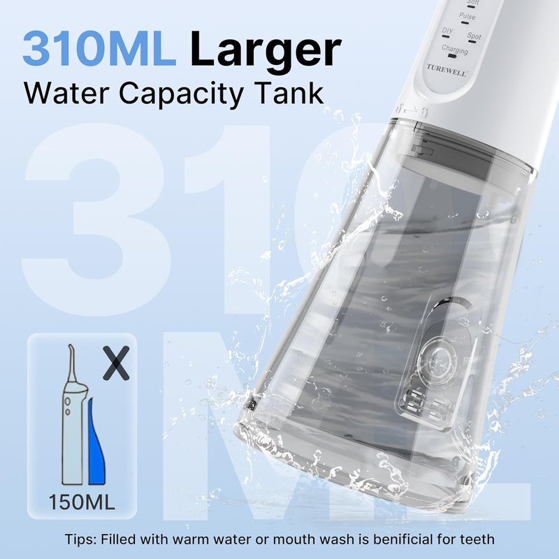 Water Dental Flosser - Portable Cordless Oral Irrigator with 5 Modes, 310 ML Capacity | IPX7 Waterproof, 4 Jet Tips, White