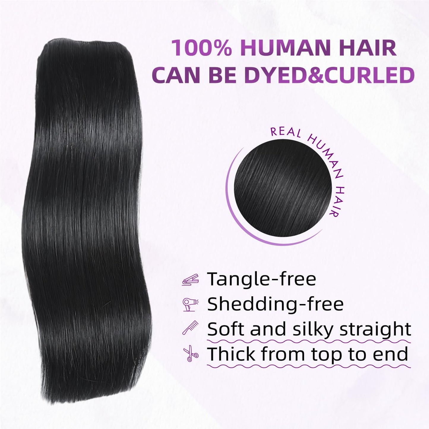 Real Human Hair Extensions - 100% Brazilian Remy Clip-In 20 Inch, Natural Black, 8pcs Set with Double Weft