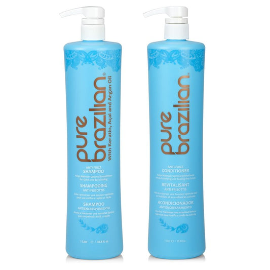 Pure Brazilian Anti-Frizz Daily Shampoo & Conditioner, Salt-Free & Color Safe, Enriched with Keratin, Argan Oil & Acai, 1 Liter (33.8 Fl Oz)