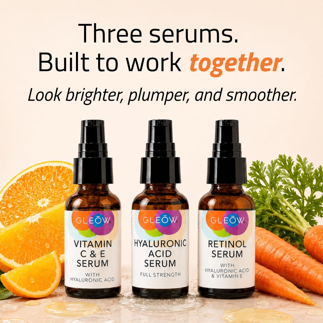 GLEOW Skincare Set: Retinol, Vitamin C, and 99% Hyaluronic Acid Serum, Face Serum Set Targets Appearance of Uneven Skin and Dryness, Total Package Serum Set 3x1 oz
