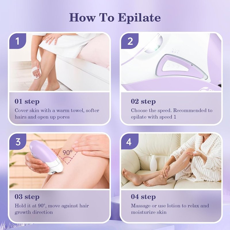 Painless Smooth Glide Epilator - Cordless 2-Speed Hair Removal Device for Women | Facial, Legs, Bikini Area