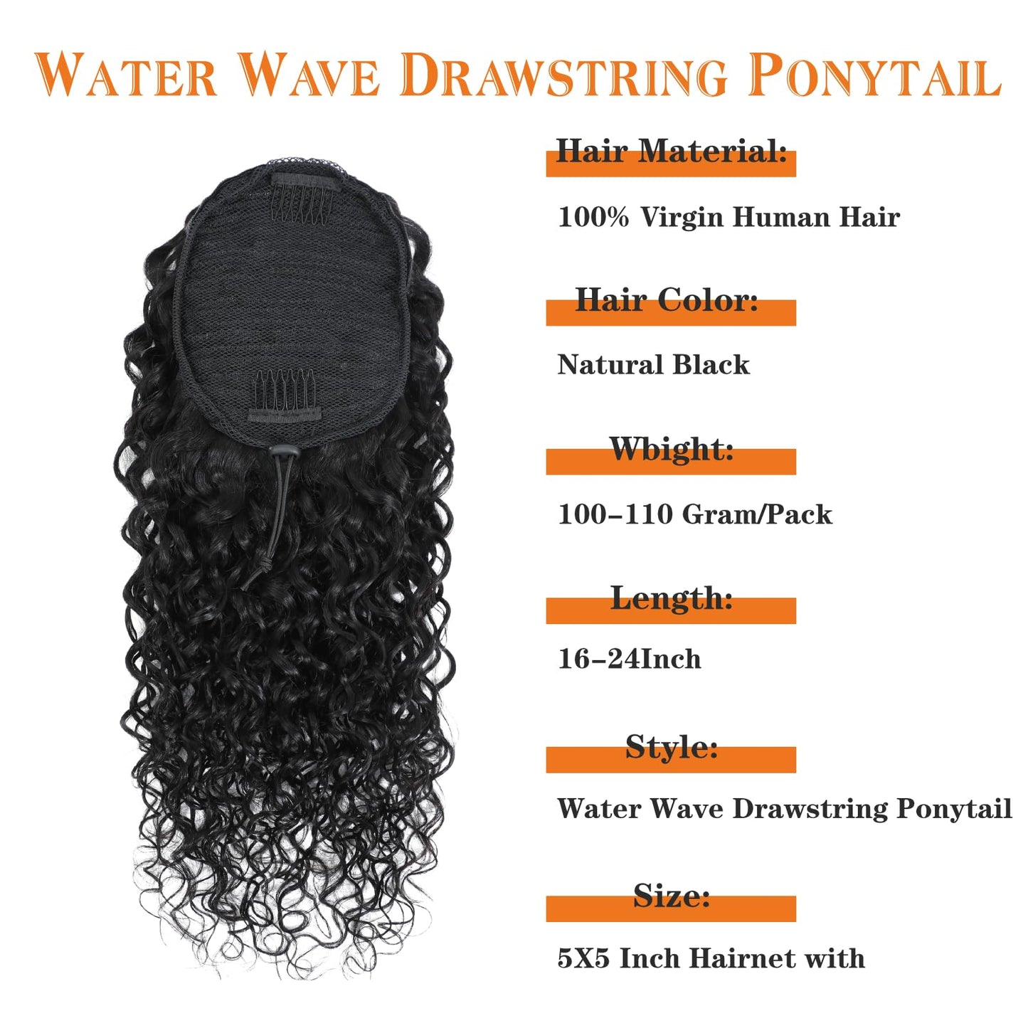 Yacurcur Water Wave Drawstring Ponytail Brazilian Remy Human Hair Ponytail Extensions for Black Women Ponytail Extension Human Hair Pieces Natural Black 18 Inch