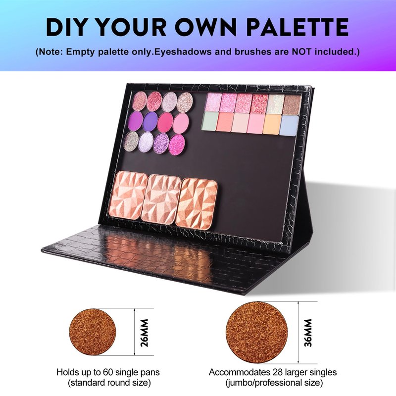 Large Empty Magnetic Makeup Palette with Foldable Stand (Holds 60 Standard Pans) – Professional PU Leather DIY Eyeshadow Organizer Case for Depotting & Travel (Black)