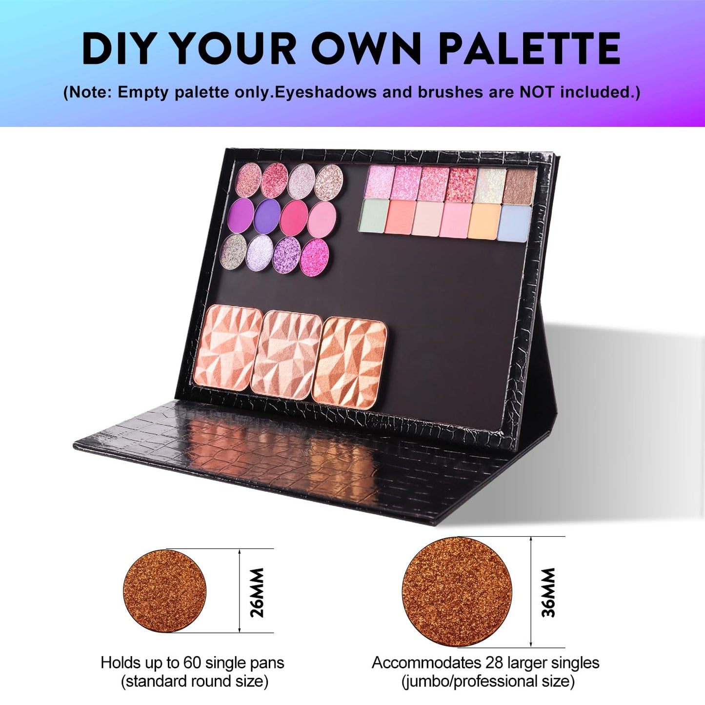 Large Empty Magnetic Makeup Palette with Foldable Stand (Holds 60 Standard Pans) – Professional PU Leather DIY Eyeshadow Organizer Case for Depotting & Travel (Black)