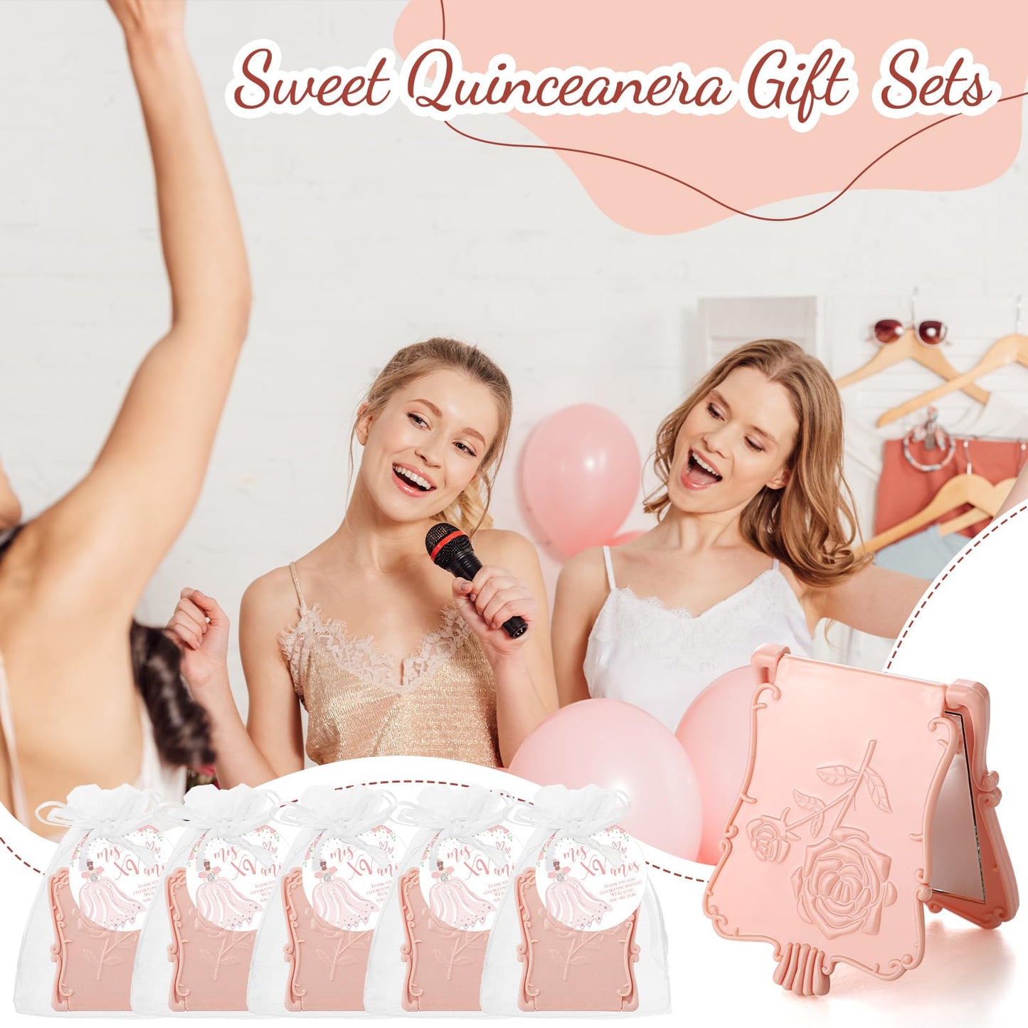 Wenqik 50 Set Quinceanera Party Favors for Guests Include Rose Compact Mirror Quinceanera Card and Organza Bag Mis Xv Sweet 15th Birthday Party Favors (Champagne)