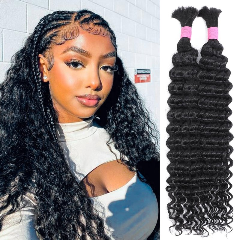 Human Braiding Hair - 14 Inch Deep Wave Bulk Hair for Boho Braids | 100g 12A Virgin Curly (Natural Color)