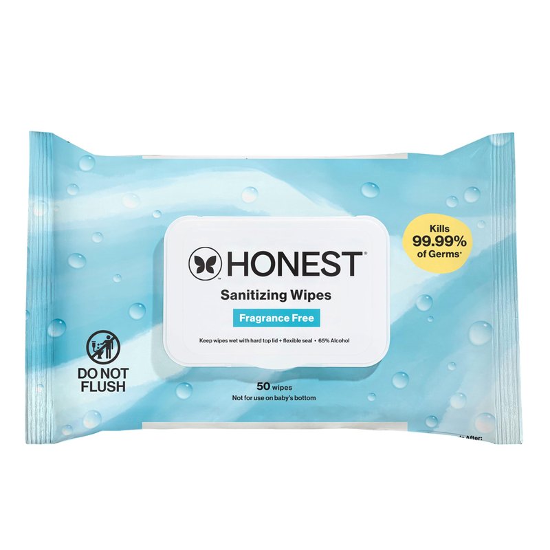 The Honest Company Fragrance-Free Sanitizing Alcohol Wipes, Antibacterial Safe for Hands, Kills 99% of Germs, Made With Aloe, 50 Count (1 Pack)