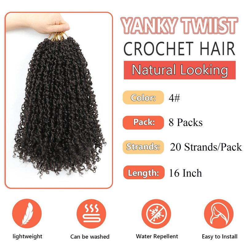 Yanky Twist Crochet Hair 16 Inch 8 Packs Crochet Yanky Twist Spring Mini Twist Mini Passion Twist with Curly Ends Synthetic Braids(30)