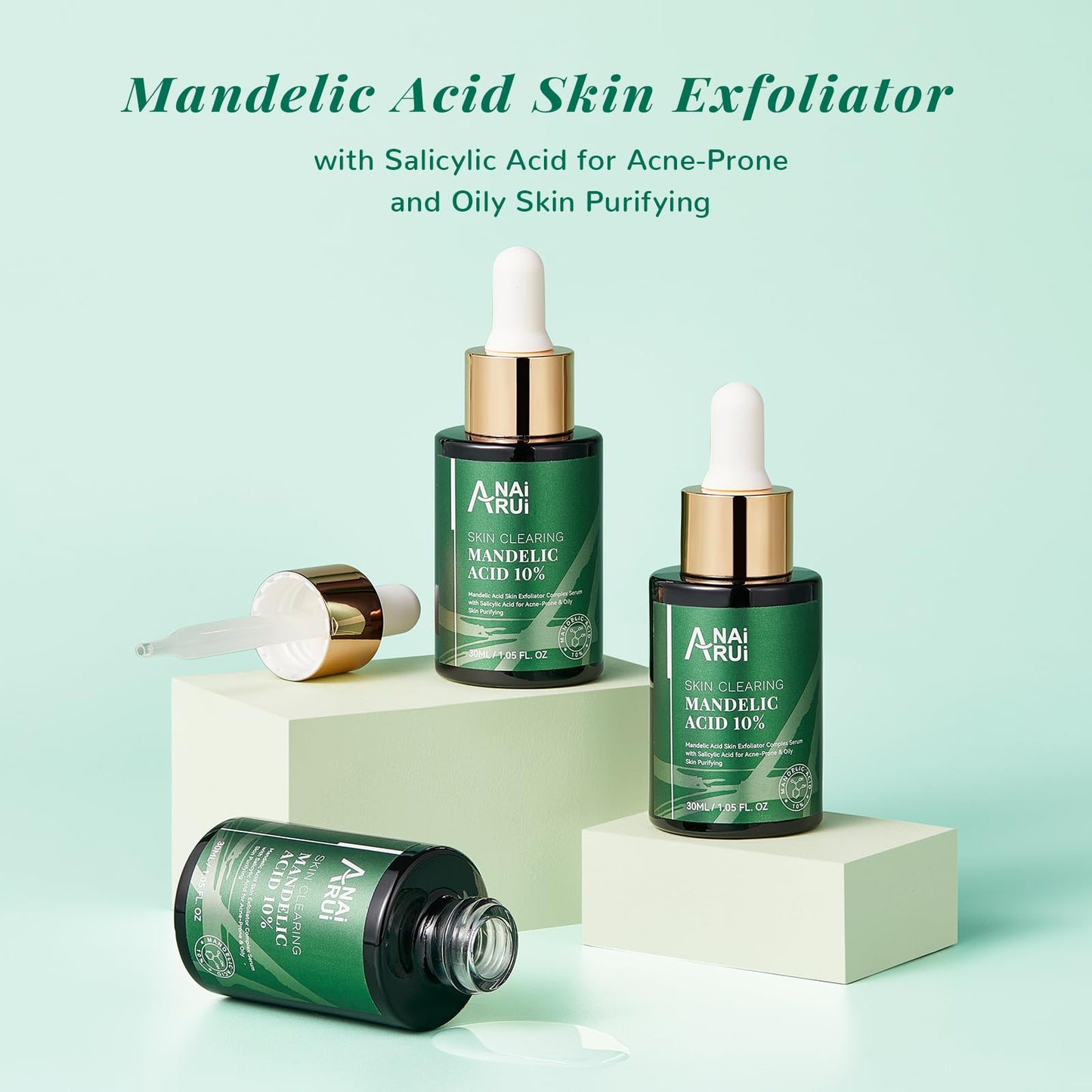 ANAI RUI Mandelic Acid 10% with Salicylic Acid 2%, Tea Tree Oil, AHA BHA Skin Exfoliant Peel Solution, for Dark Spots, Blackheads, Enlarged Pores,1.05FL.Oz