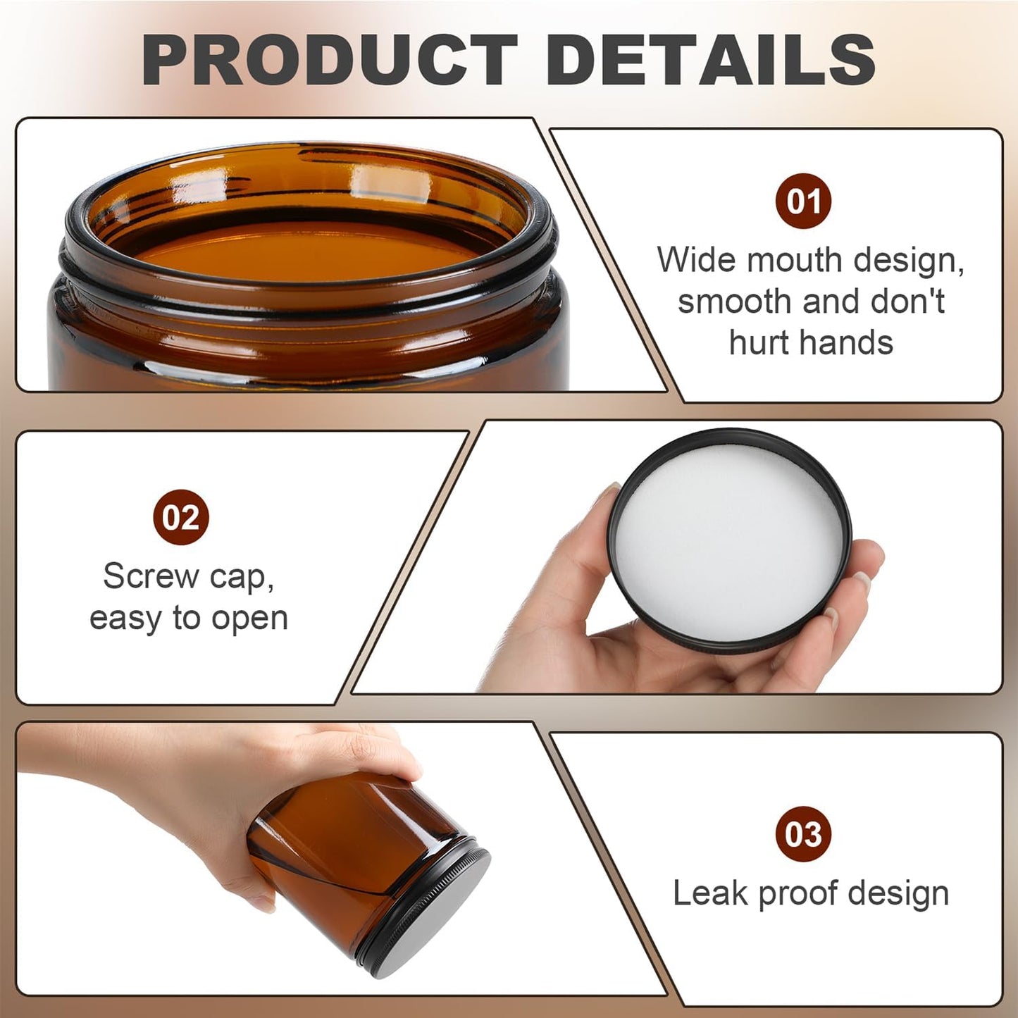 Amber Glass Jars - 12 Pack 8 Oz Leakproof Storage Containers with Black Metal Lids | Perfect for Spices & Liquids