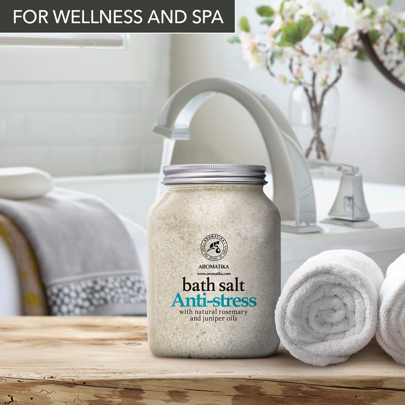 De-Stress Bath Salt 46 Oz - 100% Natural & Pure Salt Essential Oils Rosemary & Juniper - Best for Good Sleep - Relaxing - Calming - Body Care - Beauty - Aromatherapy - Stress Relief