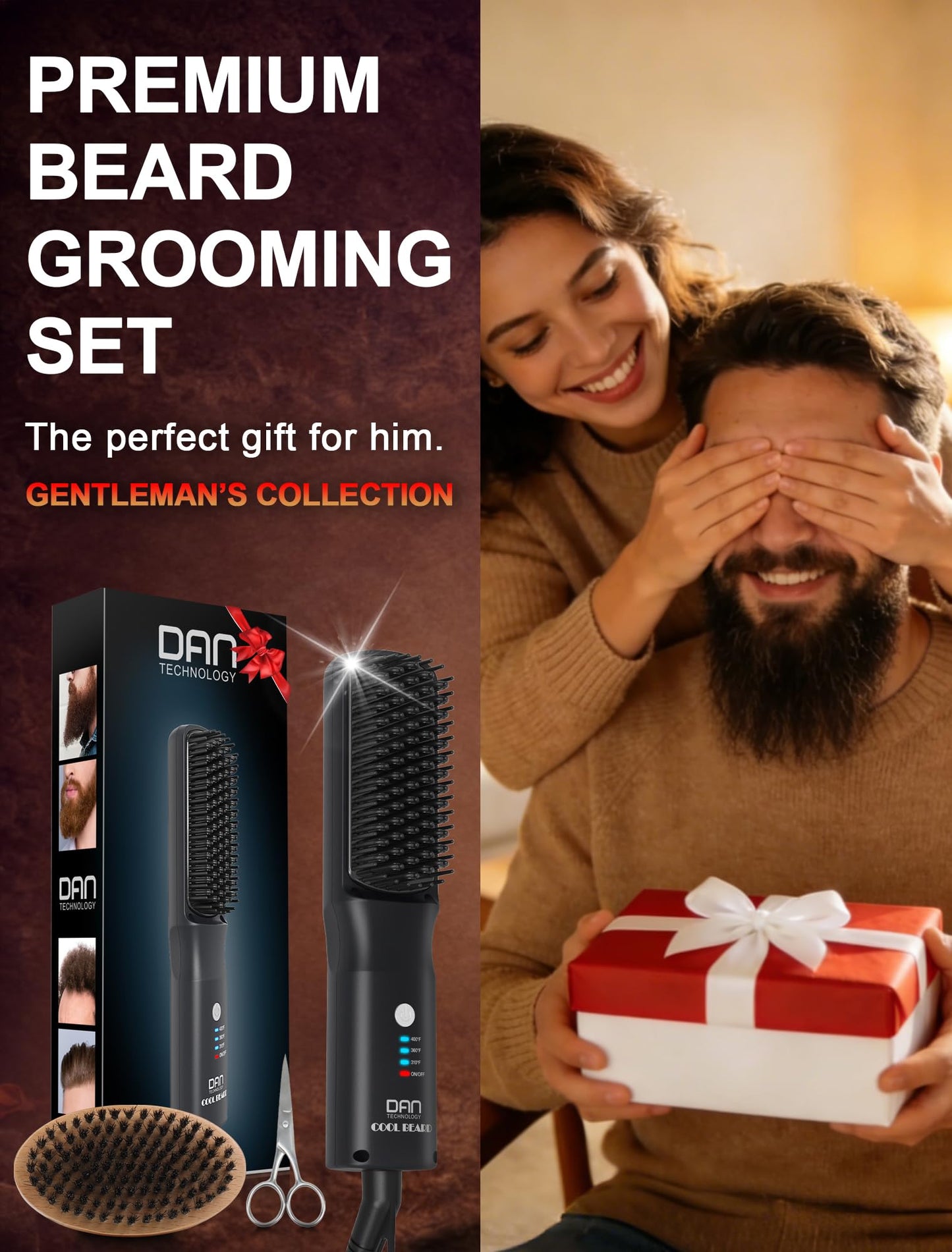Beard Straightener for Men, Tourmaline Ceramic Heated Beard Brush with Anti-Scald Design, 3 Heat Settings for Medium to Long Beards, Beard Grooming Kit,Father's Gift