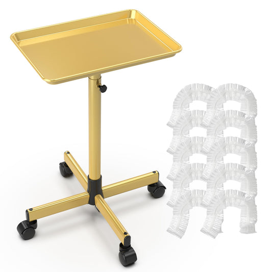 TASALON Rolling Salon Tray,Mobile Styling Station with Wheels Aluminum Rolling Tray Trolley for Salon Essentials, Adjustable Heightfor Hairstylist Tray with 10 PCS Disposable Salon Tray Cover,Gold