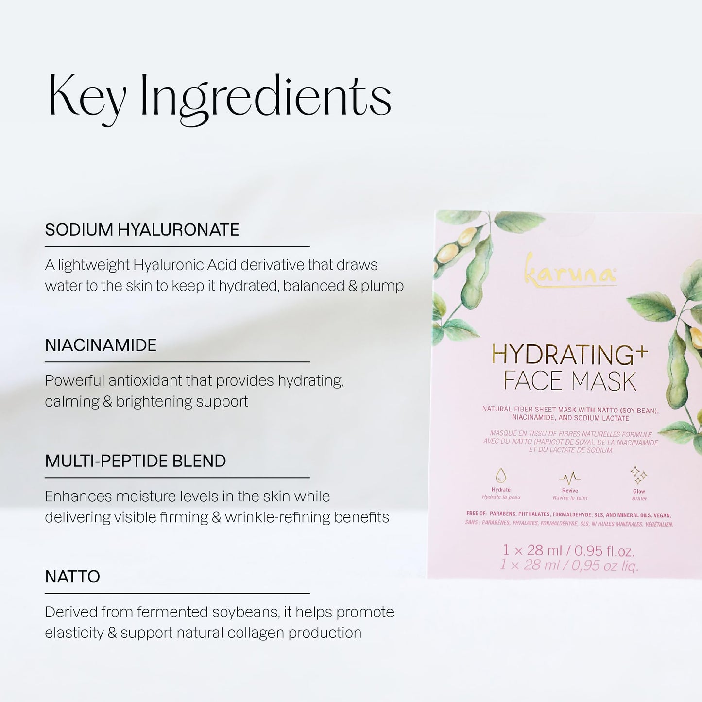 Karuna Hydrating+ Sheet Masks 4-Pack | Deep Moisturizing K-Beauty Face Masks with Hyaluronic Acid & Peptides | For Dry, Aging Skin | Vegan & Cruelty-Free
