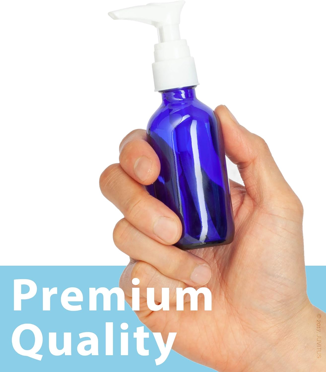 Blue Cobalt Glass Boston Round Bottles - 2 oz with White Lotion Pump | 12 Pack