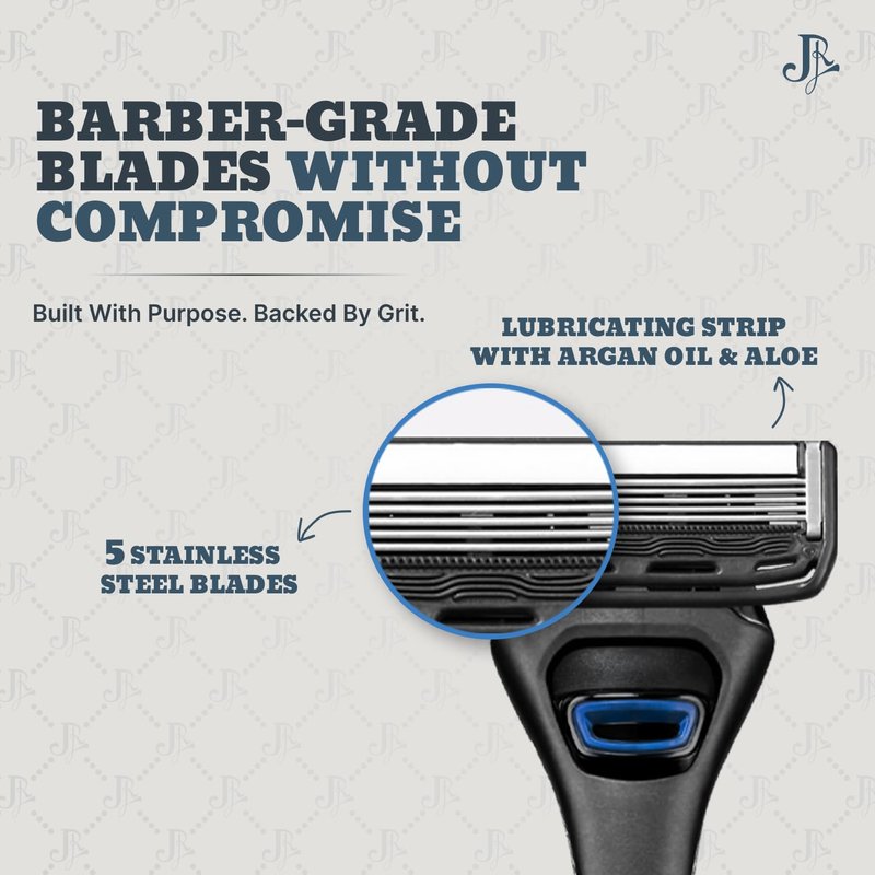 Jeremy's Razors for Men: Precision 5 Blade Razor - Stainless Steel Blades, Lubricating Strip, Precision Trimmer - Men's Shaving Kit, Travel Face Body Head Shavers (1 Razor 4 Cartridges)