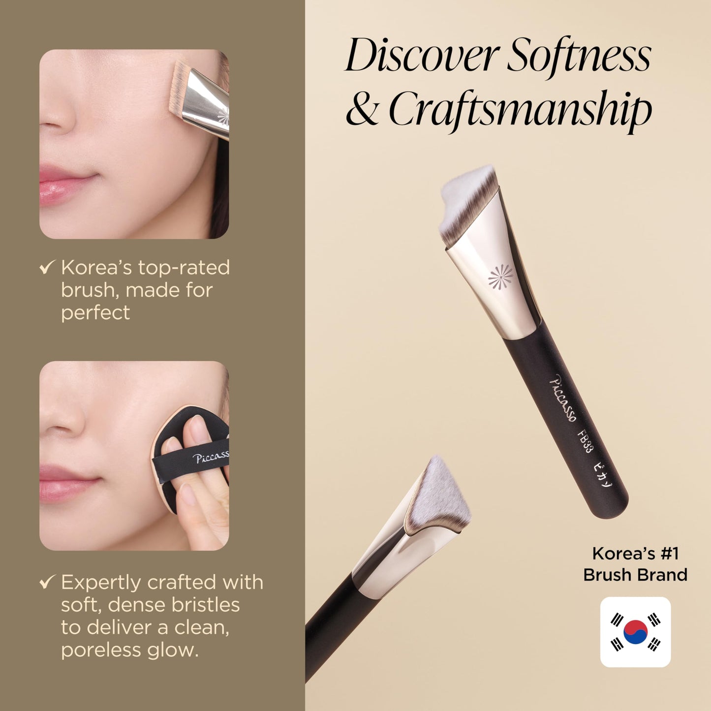 Piccasso FB33 Foundation Brush With Sponge 6P – Tapping Cover Brush for Liquid & Cream Foundation, Fills Pores with Soft Bristles for Smooth and Flawless Face Makeup, Professional Korean Beauty Tool