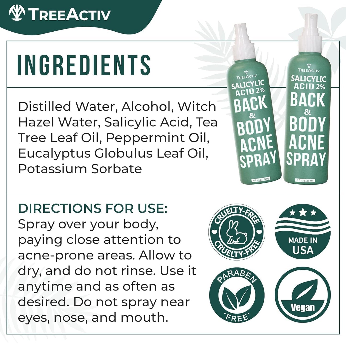TreeActiv Salicylic Acid Back & Body Acne Spray, Fine Mist Back Spray for Bacne & Chest Acne, Tea Tree + Eucalyptus, Fast-Drying Non-Staining, 4 fl oz (2-Pack, 8 fl oz Total)