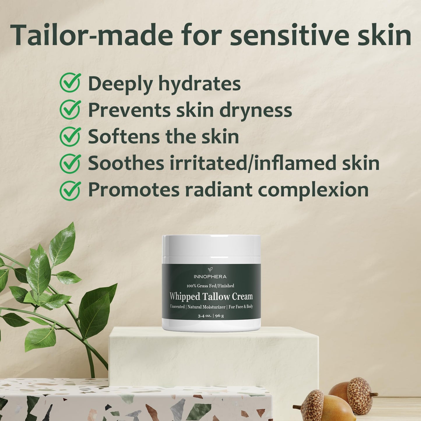 Innophera Whipped Beef Tallow Cream for Skin Care ‒ Grass Fed & Grass Finished ‒ 100% Natural Moisturizer for Sensitive Skin ‒ Handmade Face & Body Lotion ‒ Unscented & Odorless ‒ 3.4 oz.