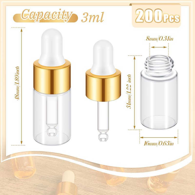 Didaey Mini Glass Oil Dropper Bottle Bulk, Clear Essential Small Empty Bottles Sample Containers Perfume Liquid Vials with Cap for Traveling(3 ml,Gold,200 Pcs)
