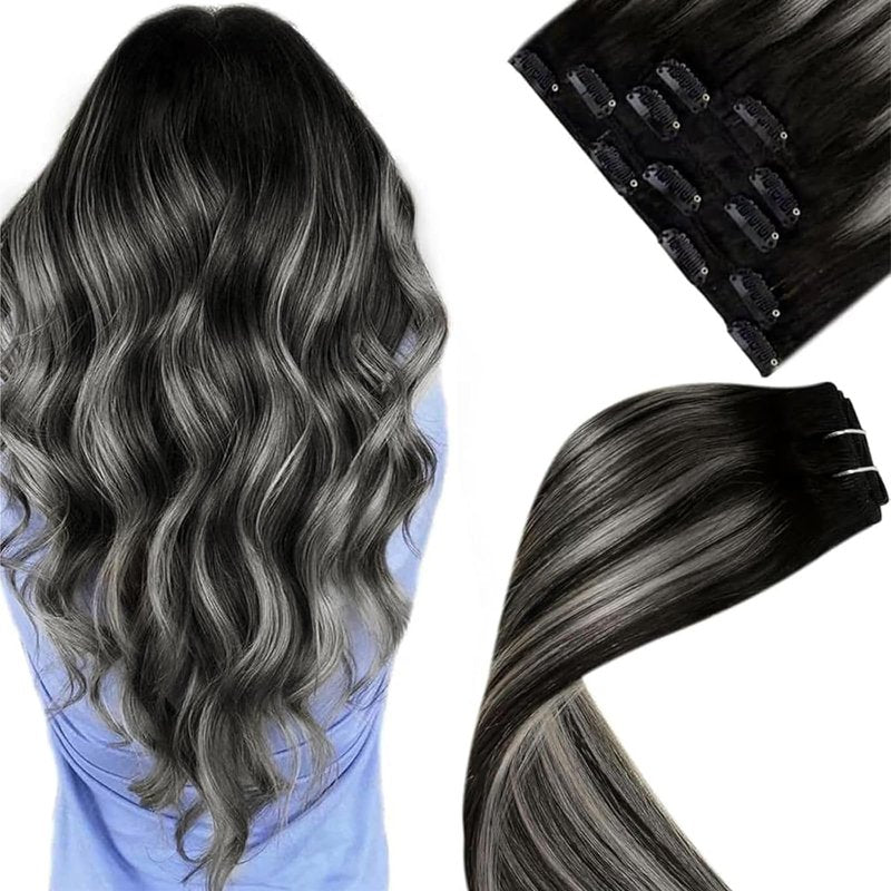 LaaVoo Human Hair Clip in Ombre Off Black to Silver Grey Hair Extensions Clip ins Black Balayage Clip in Hair Extensions Real Human Hair Short Silky Straight 12 Inch 5pcs/80g