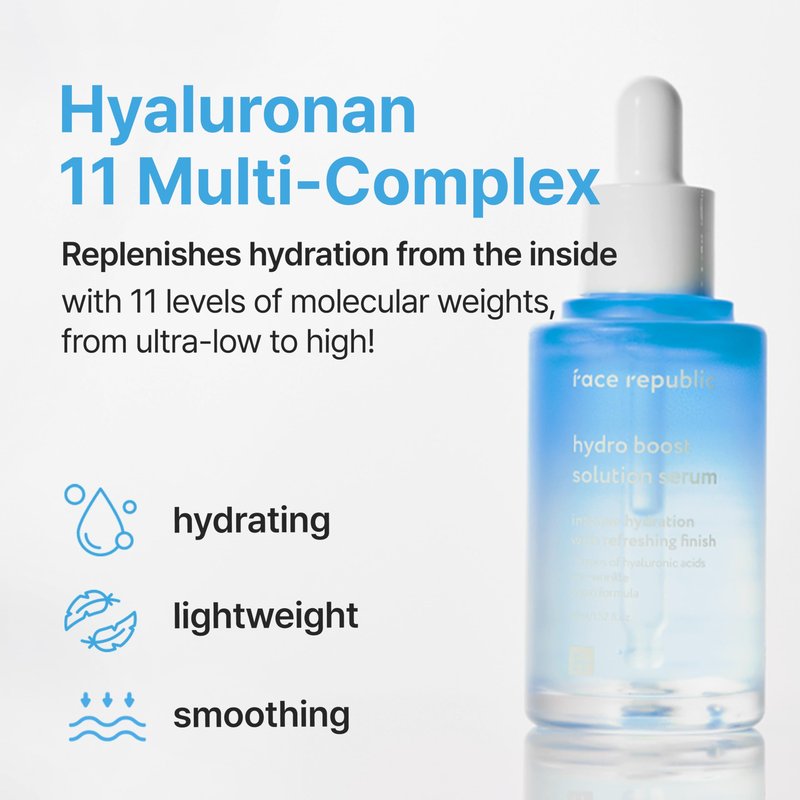 Face Republic Hydro Boost Solution Serum 45ml 1.52 fl oz | Hyaluronic acids, Adenosine | Hydrating, Refining | Anti-wrinkle | No Artificial Color | For Dry, Sensitive Skin | Vegan Korean Skin Care