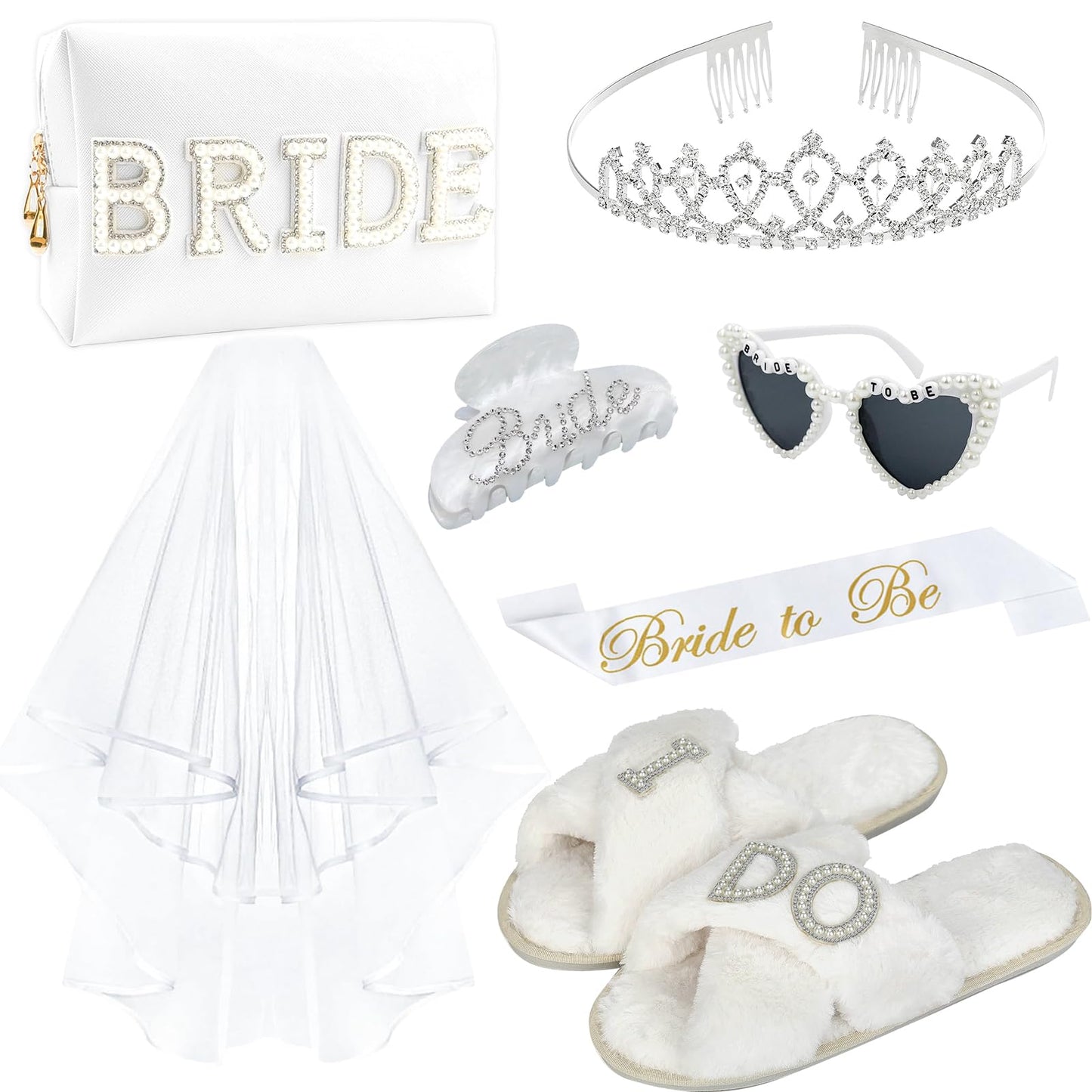 Bachelorette Gifts for Bride, Bride to Be Gifts, Bachelorette Party Decorations,Wedding Veil, Bride Makeup Bag, Bride Slippers, Bride Sash, Bride Hair Clip, Bridal Shower Gifts for Women Girls