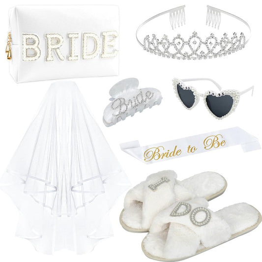 Bachelorette Gifts for Bride, Bride to Be Gifts, Bachelorette Party Decorations,Wedding Veil, Bride Makeup Bag, Bride Slippers, Bride Sash, Bride Hair Clip, Bridal Shower Gifts for Women Girls