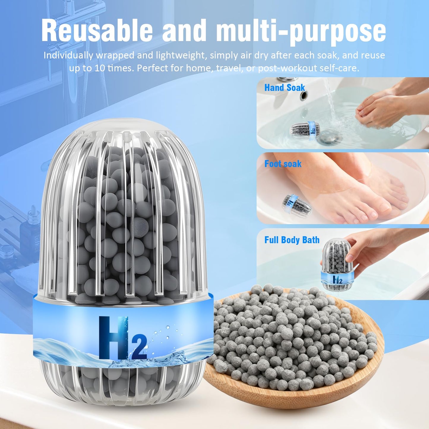 Hydrogen Bath Bombs Beads, Hydrogen H2 Water for Bathing Spa,Foot Bath,face Washing Muscle & Stress Relief Reusable Design 2pack