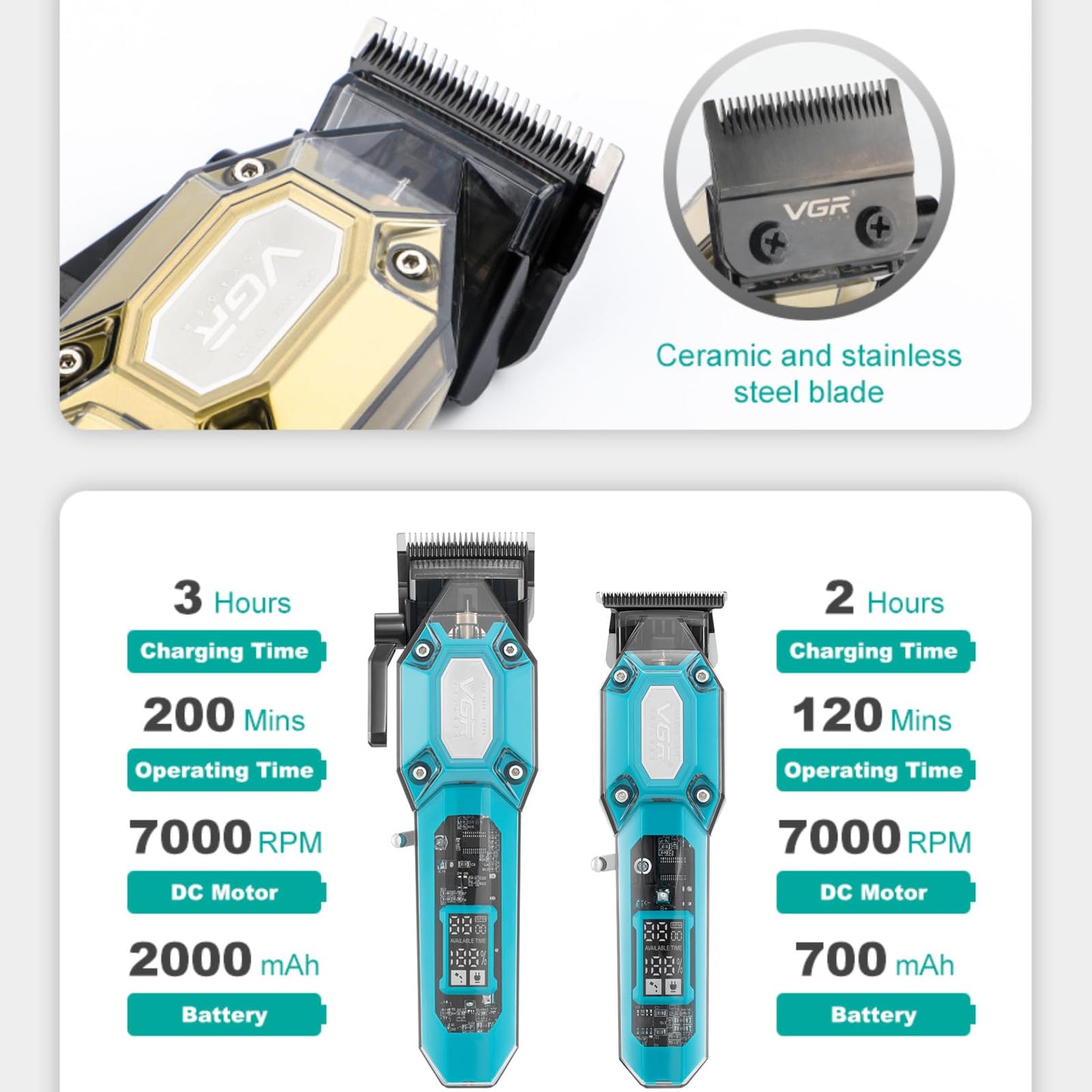 VGR Professional Hair Clippers for Men, Cordless Barber Clippers and Trimmers Set, Mens Hair Cutting Kit with 10 Guide Combs, USB Rechargeable Haircut Machine for Family, LED Display, Green
