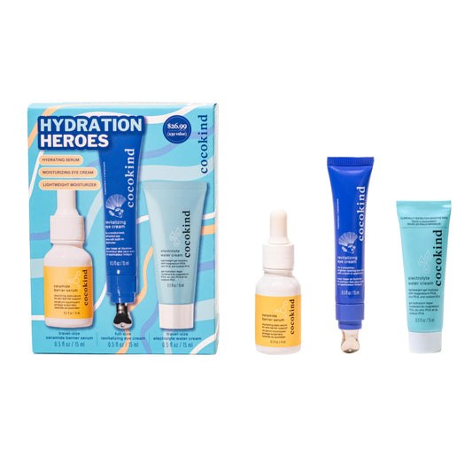 Cocokind Hydration Heroes Set | Milky Ceramide Hydrating Serum, Eye Cream with Cooling Metal Applicator Tip, Lightweight Electrolyte Moisturizer | Hydrate, De-Puff, Calm, Balance | 3 Count