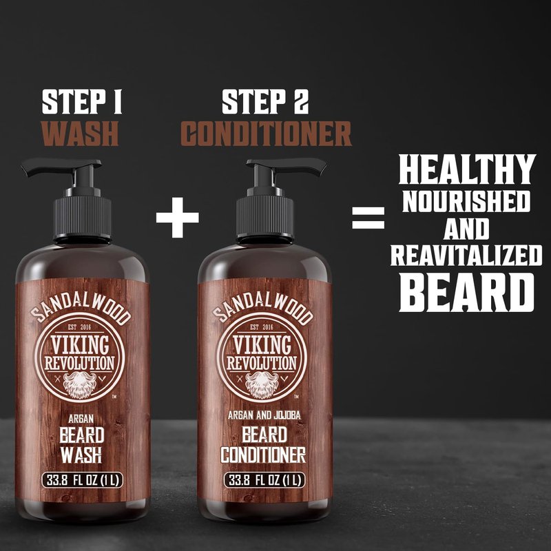 Viking Revolution Sandalwood Beard Wash for Men with Argan Oil - Beard Softener and Strengthener Beard Shampoo with Ginseng, Red Sage, Vitamin B5, Vitamin E - Sandalwood Beard Care (33.8 Fl oz)