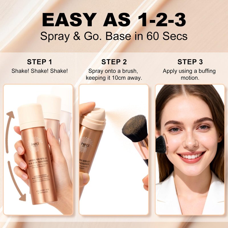 AirBrush Foundation with Nanoscale Powder - HECI BEAUTY Flawless Finish Makeup,Silk Airbrush Spray & Kabuki Brush - Anti-Aging Ingredients for Smooth Radiant Skin,210 Medium,110 Light, 1.69 fl oz