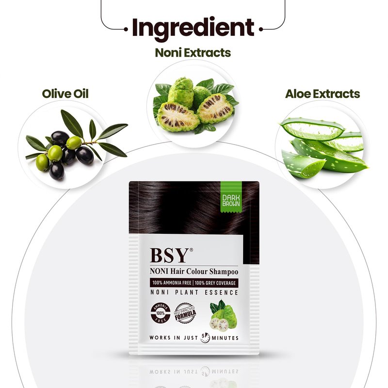 BSY Noni Black Hair Magic Shampoo - Natural 5 Mins Ammonia-Free Shampoo Hair Color, Permanent Hair Dye, 20x0.67 Fl Oz
