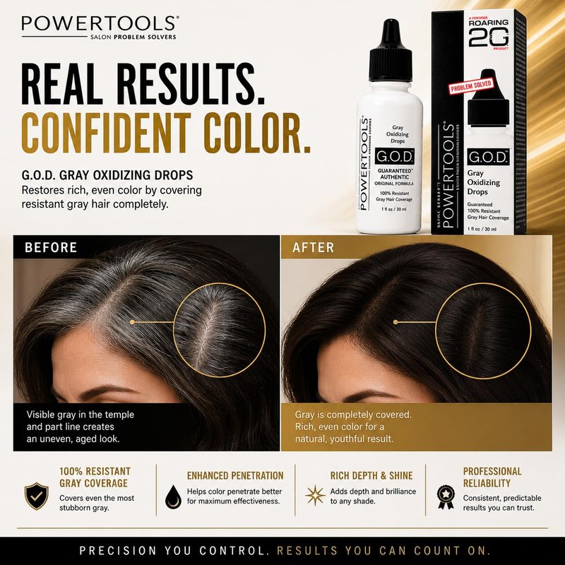 POWERTOOLS Gray Oxidizing Drops - Covers Resistant Gray Hair, Adds Depth and Shine to Any Hair Color (1 Fl Oz, Liquid, Gray, Gray)