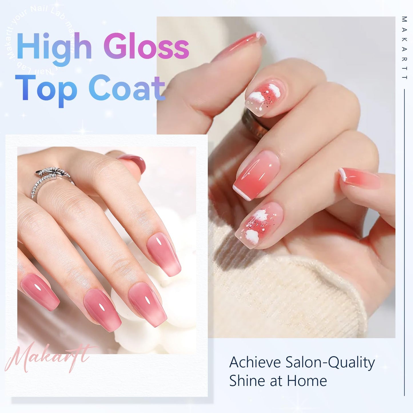 Makartt Gel Top Coat - 2 PCS No Wipe Top Coat Gel Nail Polish High Glossy Shine Finish Long Lasting, 10ML Clear Soak Off UV Nail Lamp, Salon Quality Art Design for Home Use Beauty Spring Gift