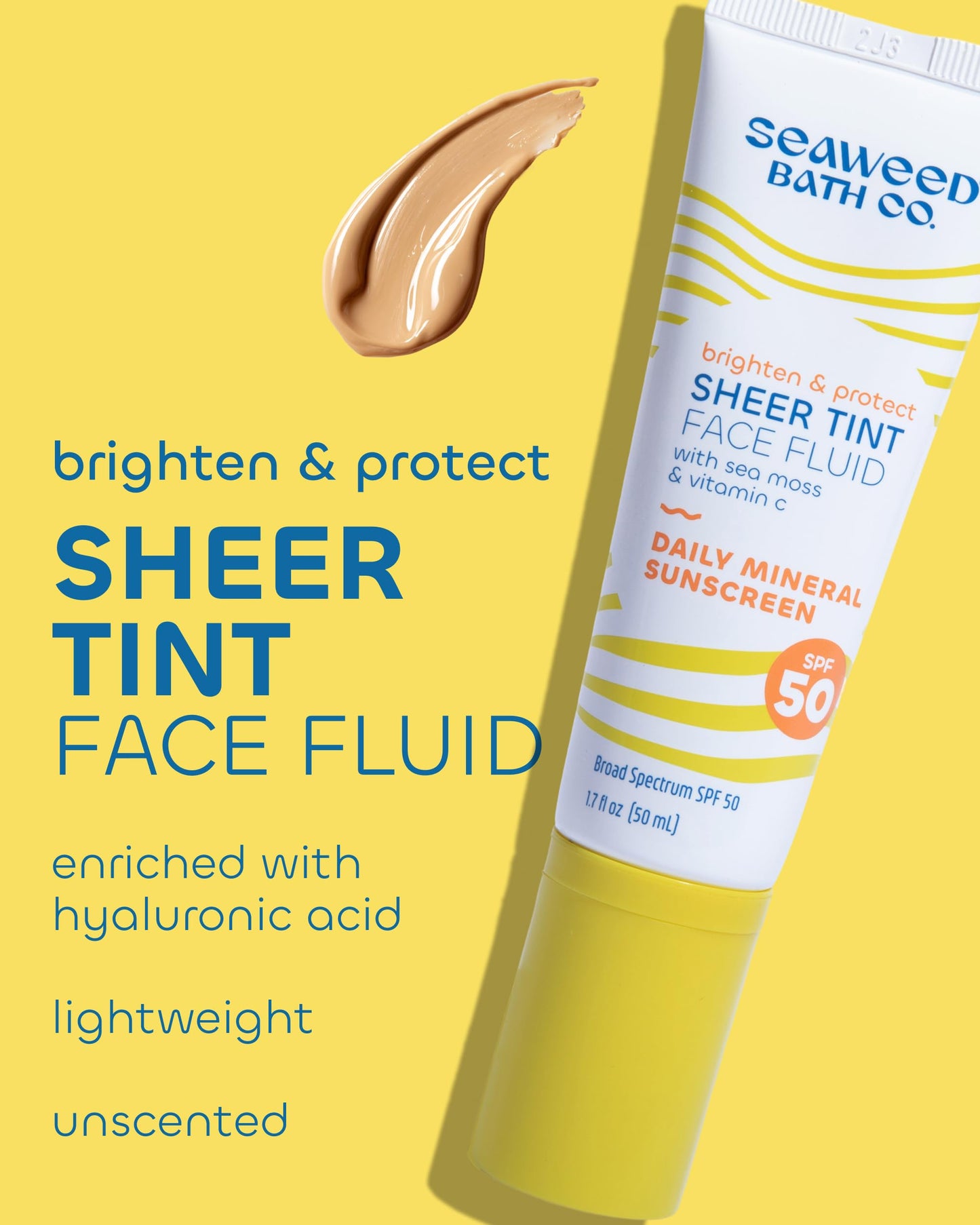 Seaweed Bath Co Tinted Face Sunscreen SPF 50 - Mineral Zinc Oxide Facial Lotion with Sheer Coverage - Lightweight Daily Moisturizer with Broad Spectrum UV Protection for Natural Glow, 1.7 oz
