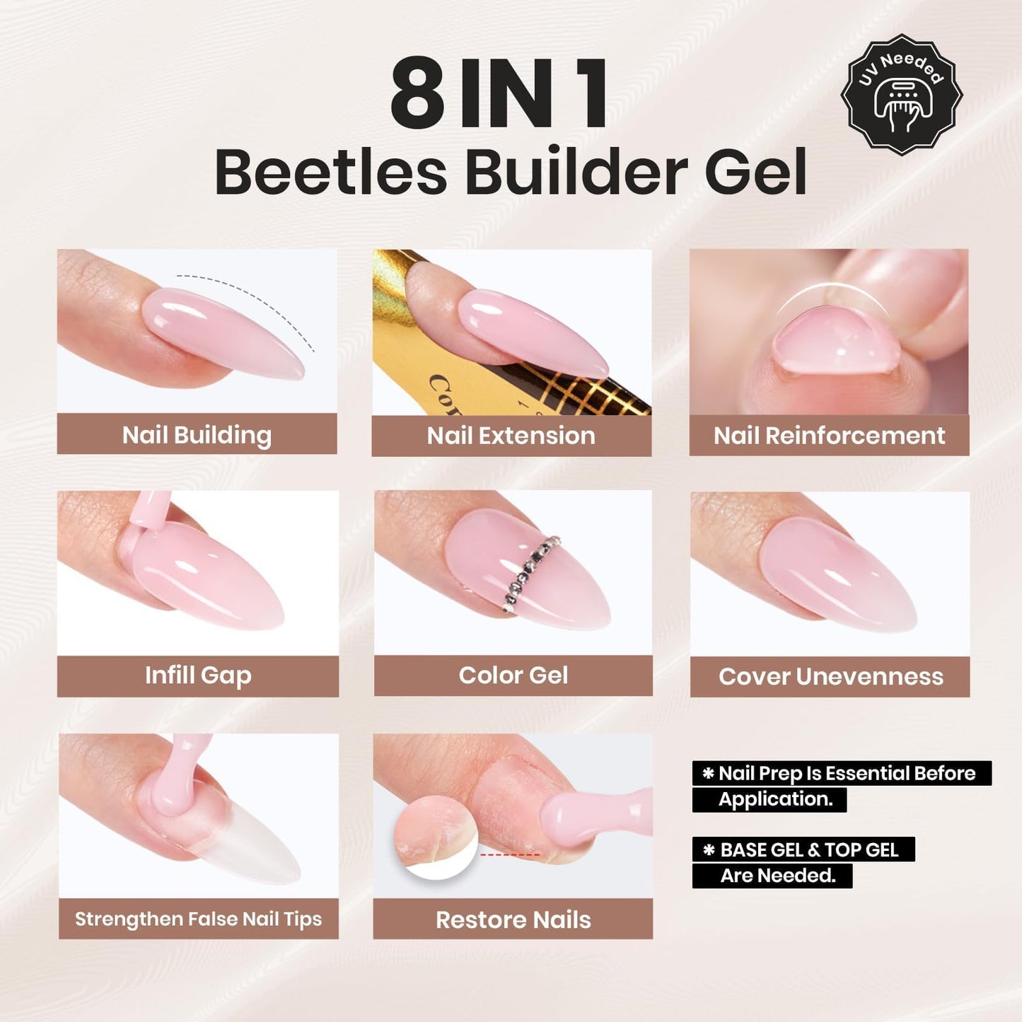 Beetles Builder Gel for Nails,8 in 1 Jelly Nude Color for Building Instant Apex Extension & Strengthener, Friendly for Beginner Women DIY Nail at Home, UV & LED Lamp Needed