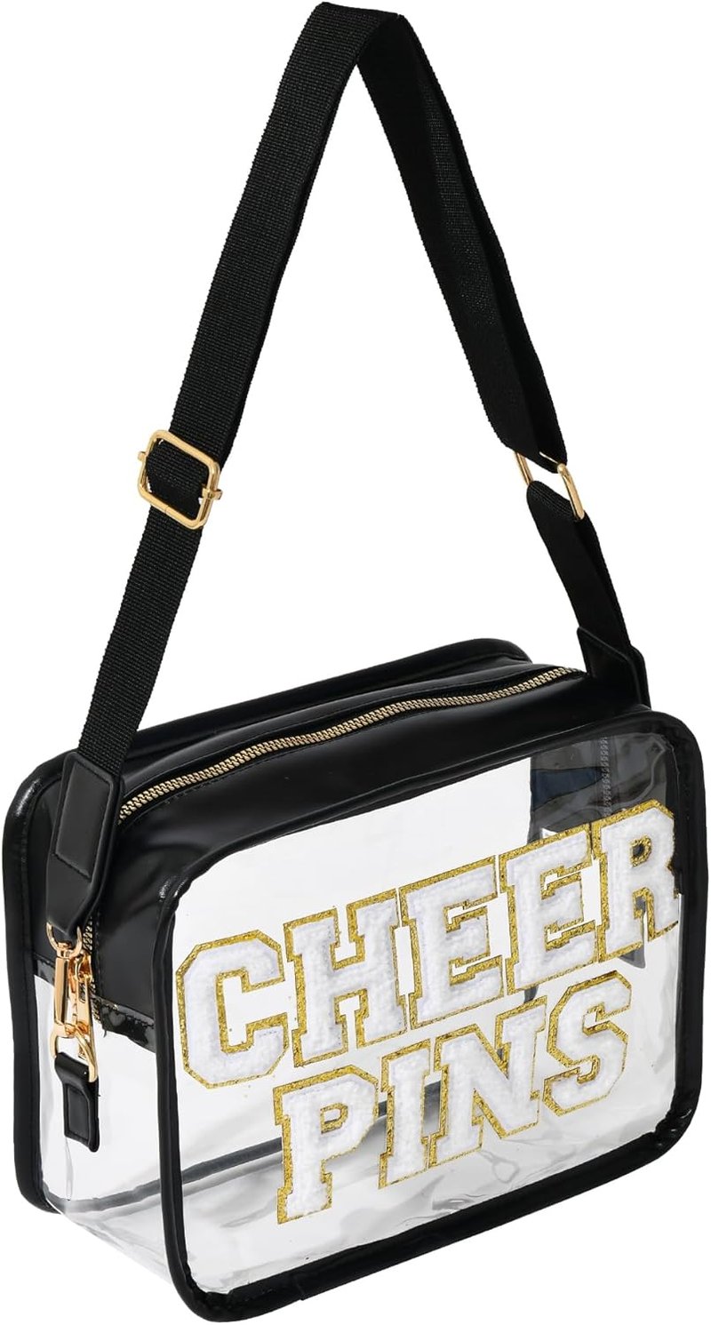 Clear Cheerleading Competition Pin Holder - Adjustable Strap & Chenille Letters | Stadium Approved Team Gift
