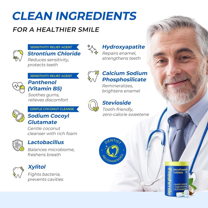 Freshmile Travel Mouthwash Tablets for Sensitive Teeth & Gum Health – Fluoride & Alcohol-Free, Nano-Hydroxyapatite (NHA) & Xylitol for Bad Breath & Tooth Repair (60 Count)