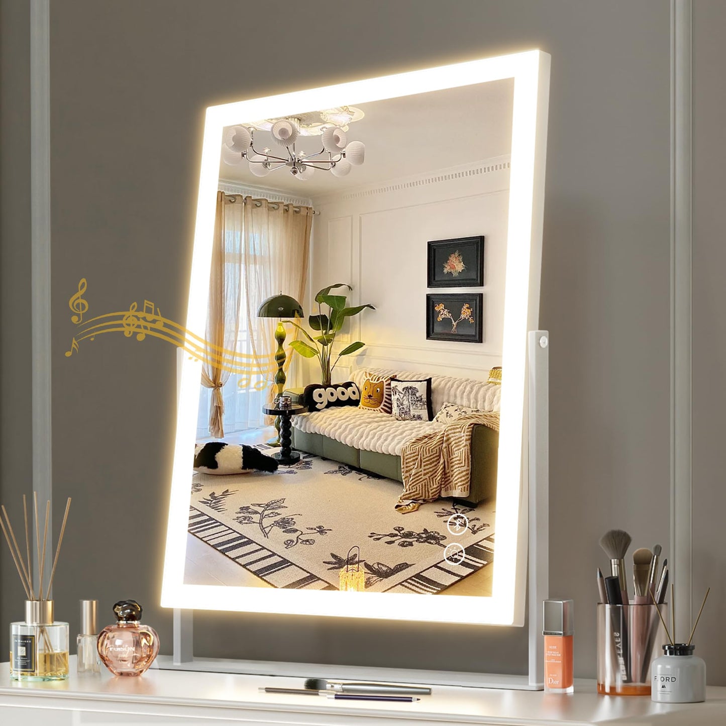 Hansong Vanity Mirror with Lights 11.8"x9.8" Lighted Makeup Mirror with Bluetooth Speaker Smart Touch Control LED Mirror with 3 Color Light Modes Detachable 10X Magnification and 360°Rotation