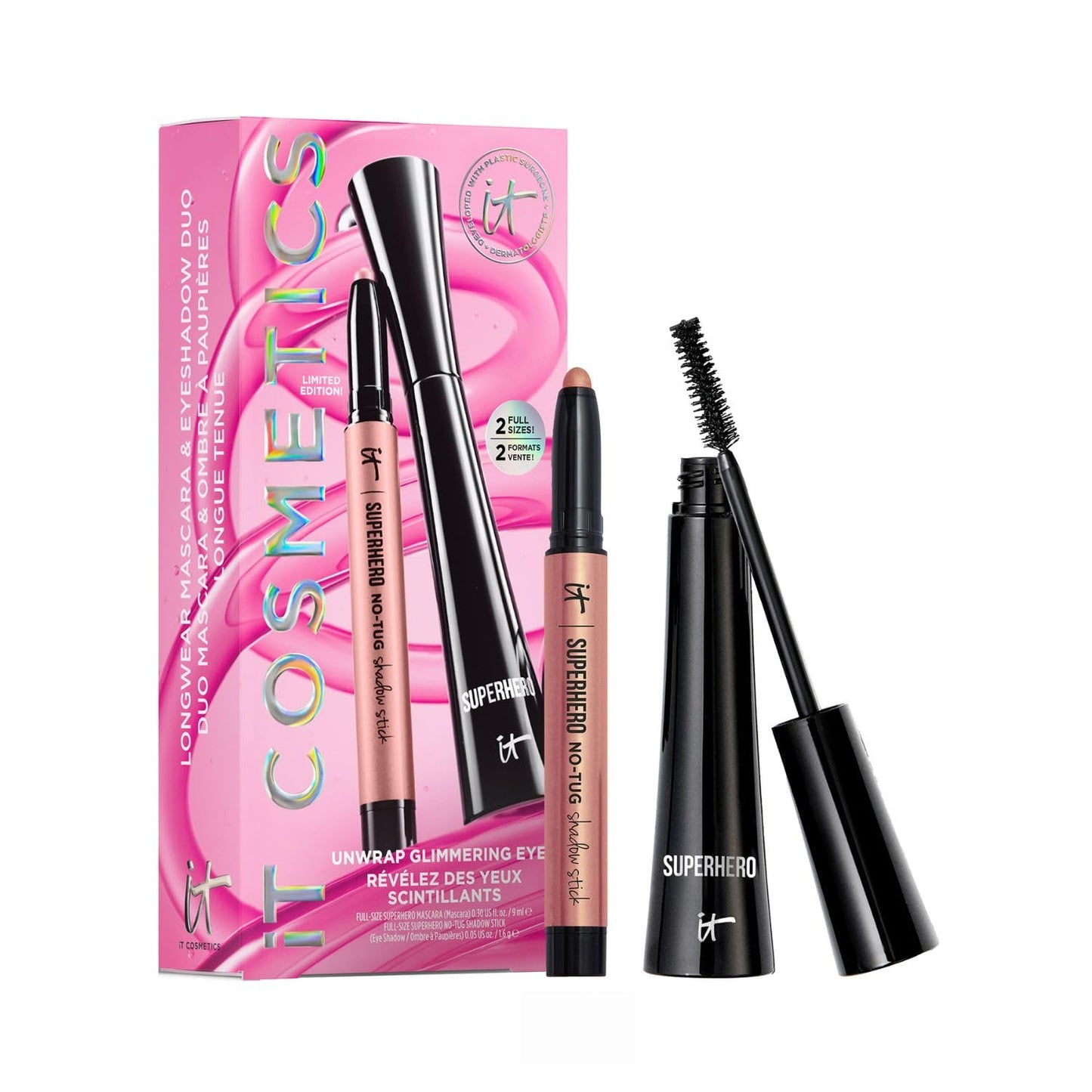 IT Cosmetics Unwrap Glimmering Eyes Mascara & Eyeshadow Stick Makeup Set , 2-Pc Holiday Giftset for Her - Full Size Makeup - Superhero Waterproof Cream Eye Shadow & Volumizing Lengthening Mascara