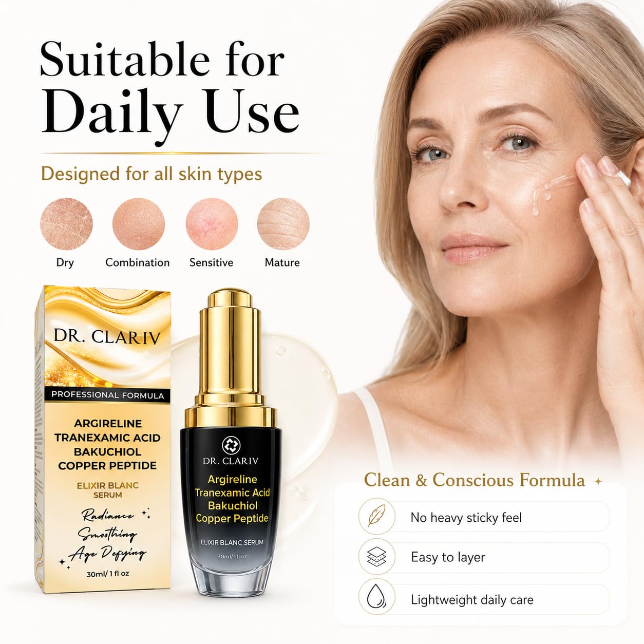 DR. CLARIV Argireline Peptide Serum with Tranexamic Acid, Bakuchiol & Copper Peptide, Daily Face Serum for Fine Lines, Firm Feel, Smooth Texture & Hydration, Lightweight Anti Aging Serum, 1 Fl Oz