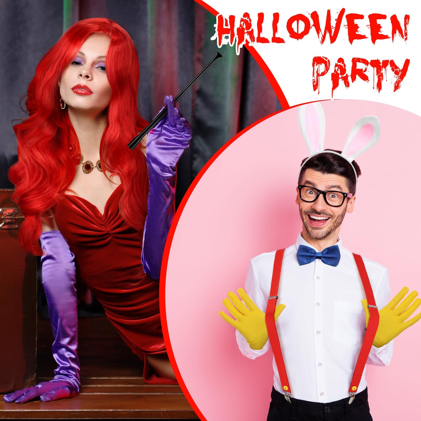 HooLing 10 Pcs Halloween Rabbit Couple Costume Accessory Set Include Red Wig Bunny Ears Headband Gloves Plastic Holder Satin Bowties Y Back Suspenders Buttons and Earrings for Adults Cosplay Party