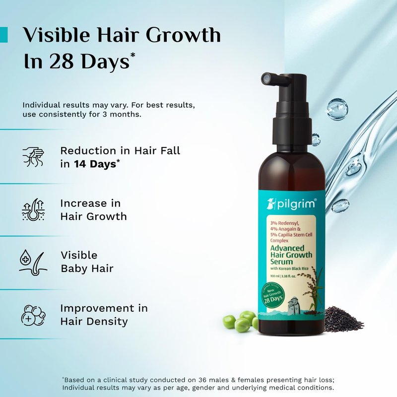 Pilgrim Advanced Hair Growth Serum with Redensyl 3%, Anagain 4% & Baicapil | Hair Fall Control & Regrowth | Korean Black Rice | For Men & Women, 3.38 Fl Oz (100ml)