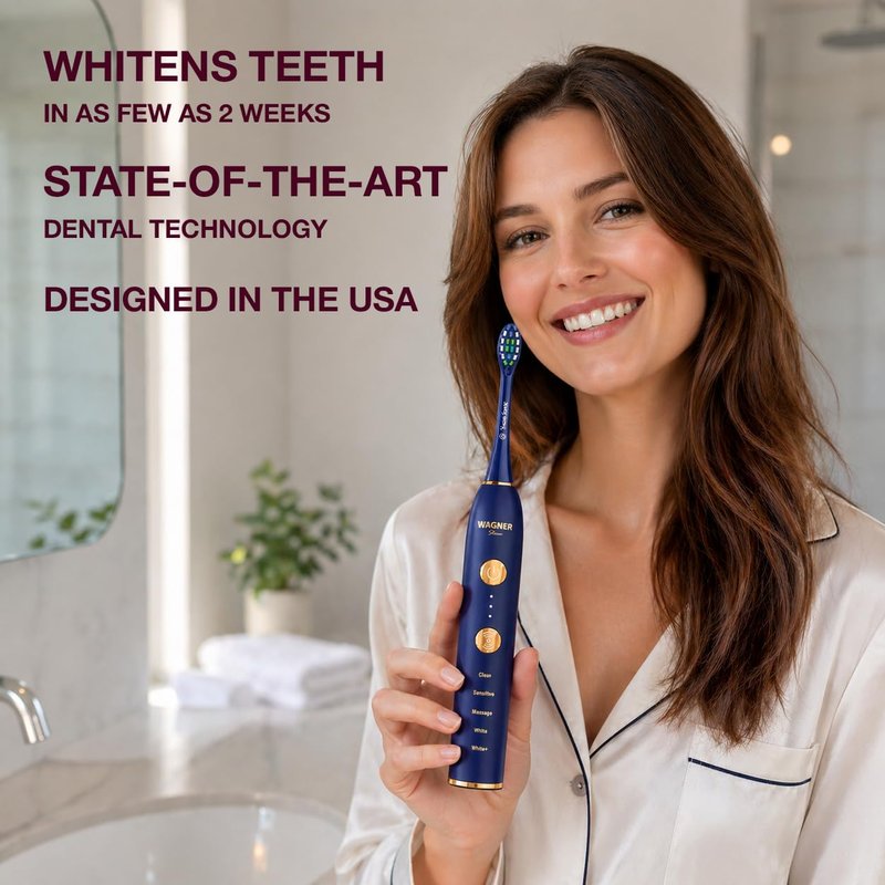 Wagner Stern WHITEN+ Electric Toothbrush, 48,000 VPM, Pressure Sensor, 5 Modes, 8 Brush Heads, Travel Case