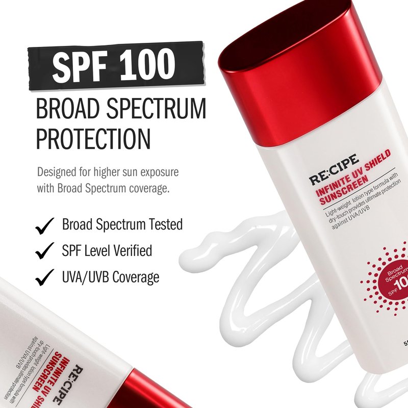 RECIPE Infinite UV Shield Sunscreen, SPF 100 Broad Spectrum, Korean Sunscreen, Korean Skin Care, Korean SPF, Lightweight Dry-Touch Lotion, 1.69 oz