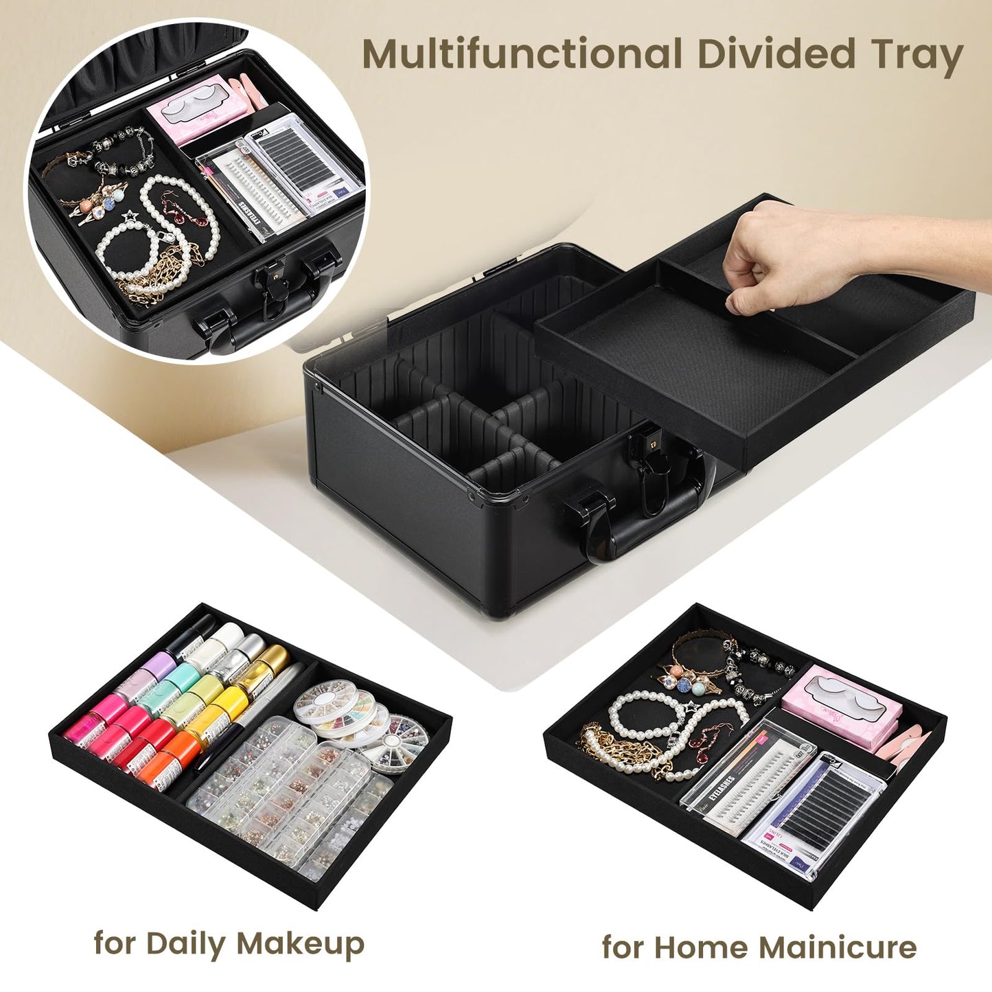 Faquenc Makeup Case with Lighted Vanity Mirror, Makeup Organizer Box Travel Make up Case with LED Mirror Portable Cosmetic Train Case for Countertop Lockable Makeup Suitcase with Adjustable Dividers