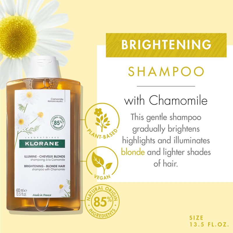 Klorane Brightening Shampoo with Chamomile - Enhances Highlights and Brightens Blonde Hair - Softens and Enhances Shine - Ultra-Gentle Formula - Dermatologist-Tested, Vegan - 13.5 fl. oz.